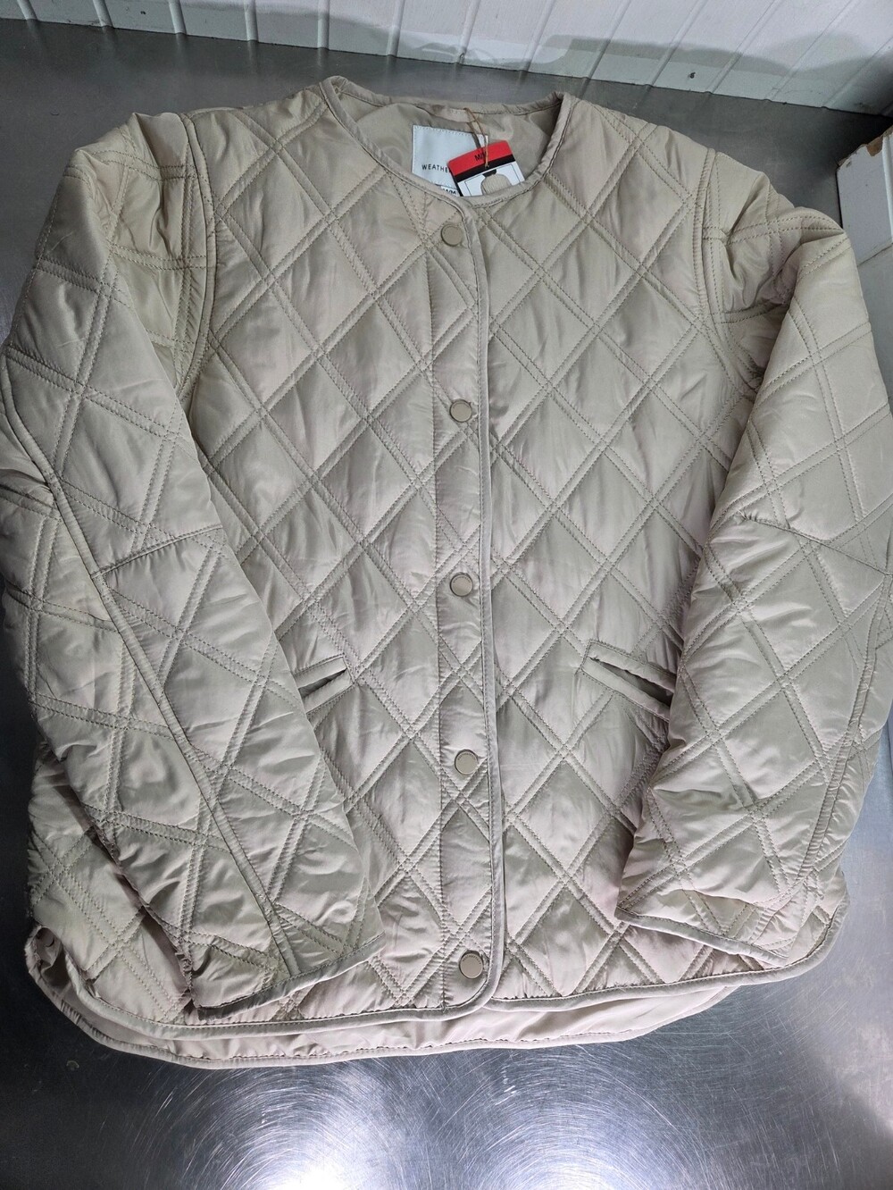 Weatherproof Women's Collarless Quilted Jacket – Tan / Beige (Size Medium)
